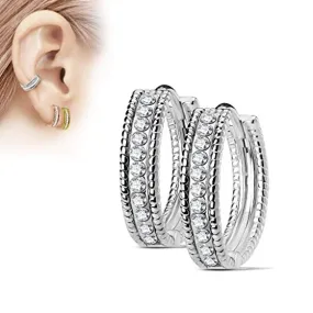 Pair of Beaded Edges Dome Center with Channel Set Lined CZ Post Hoop Earrings