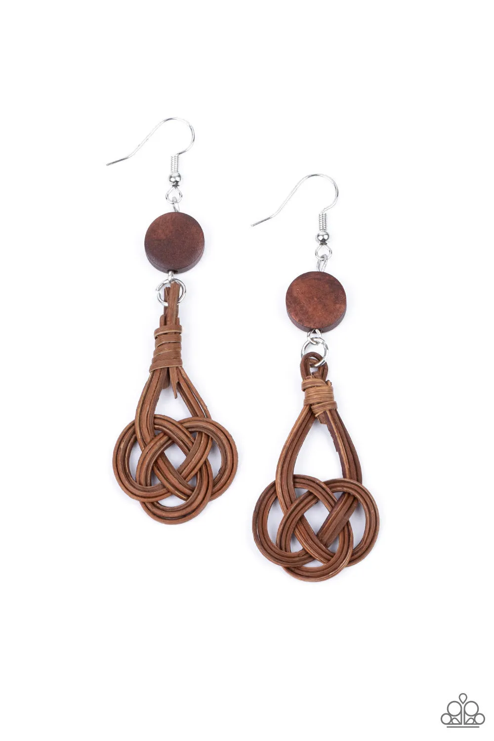 Paparazzi Earring ~ Twisted Torrents - Brown Dainty Wooden Earring