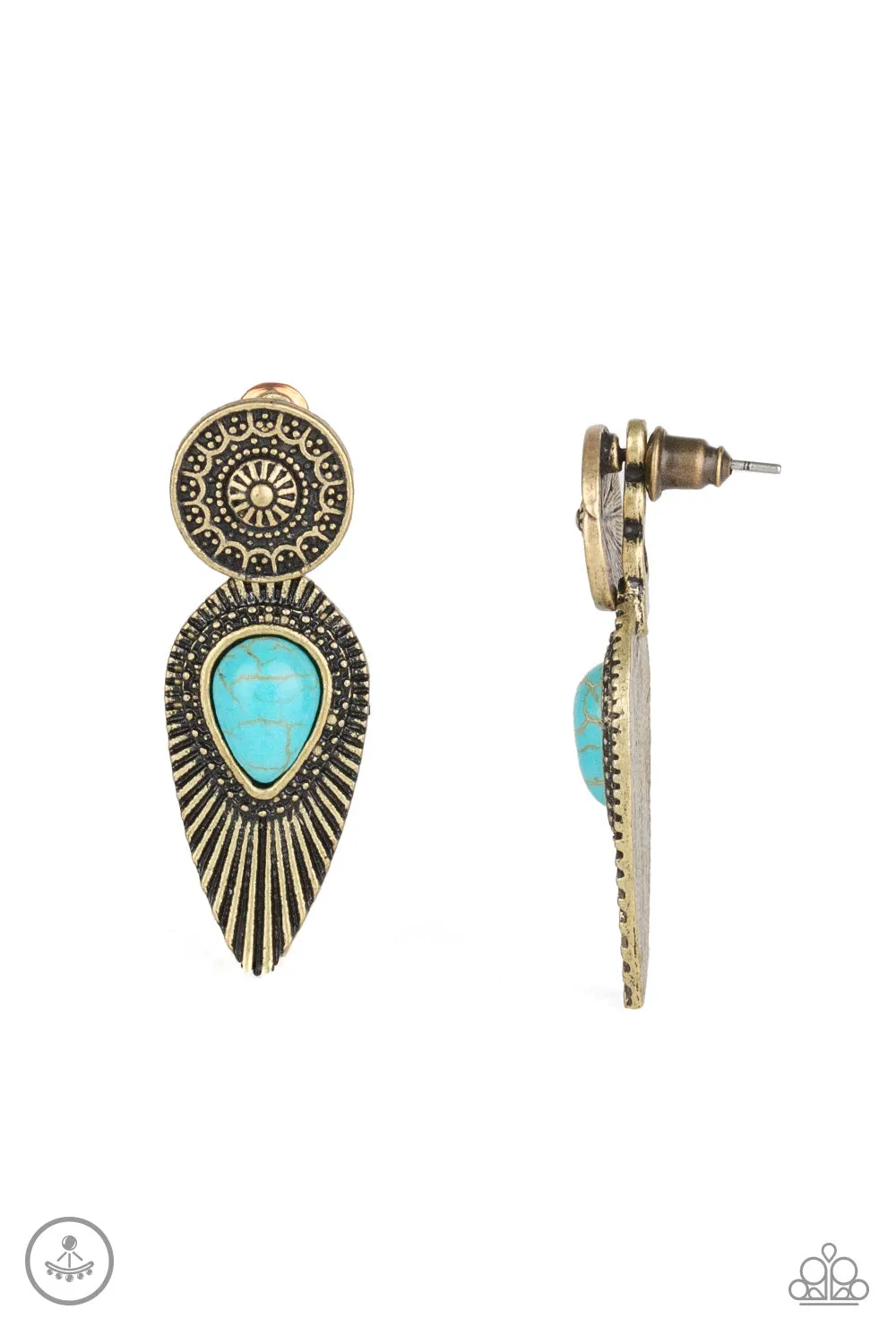 Paparazzi Fly Into the Sun - Brass Earrings with Turquoise Stone Post Style