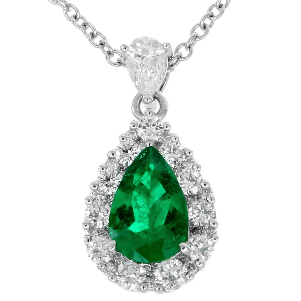 Pear Shape Emerald Diamond Halo Pendant in 18K White Gold