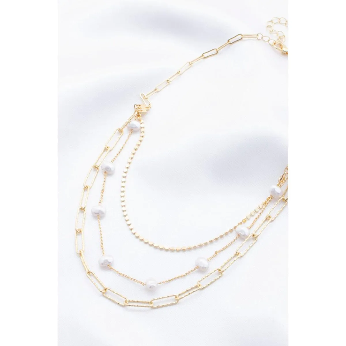 Pearl Beaded Oval Link Layered Necklace