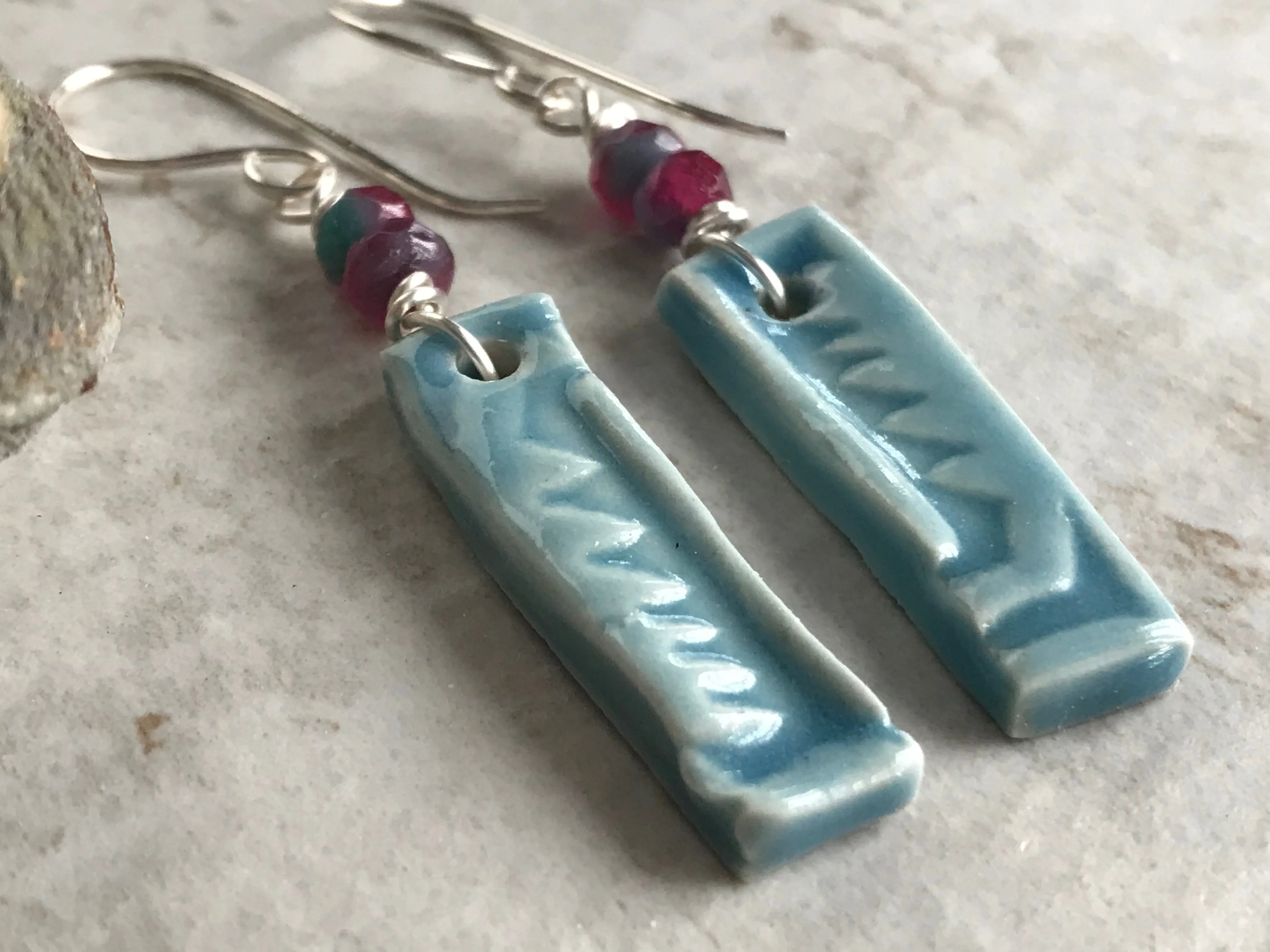 Petite Rectangle Turquoise Unique Dangle Earrings, Handmade Earrings with Czech Glass Beads