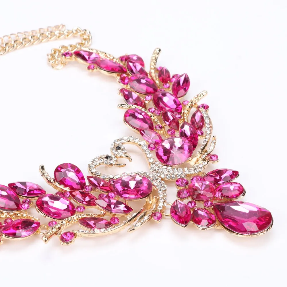 Pink Crystal Double Swan Necklace & Earrings Wedding Statement Jewelry Set