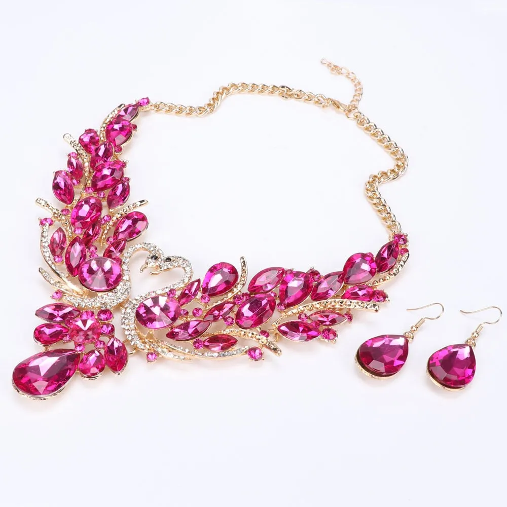 Pink Crystal Double Swan Necklace & Earrings Wedding Statement Jewelry Set