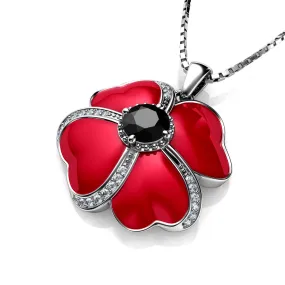 Poppy Necklace 925 Sterling Silver Poppy Red Enamel and black CZ