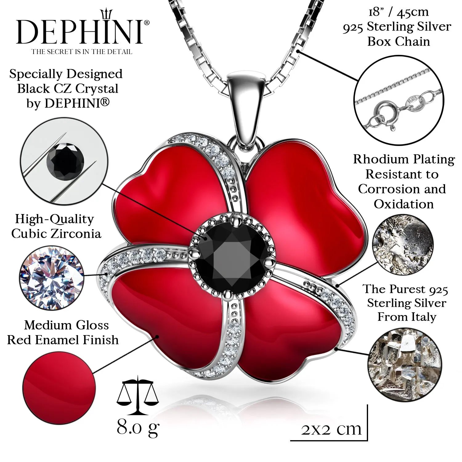 Poppy Necklace 925 Sterling Silver Poppy Red Enamel and black CZ