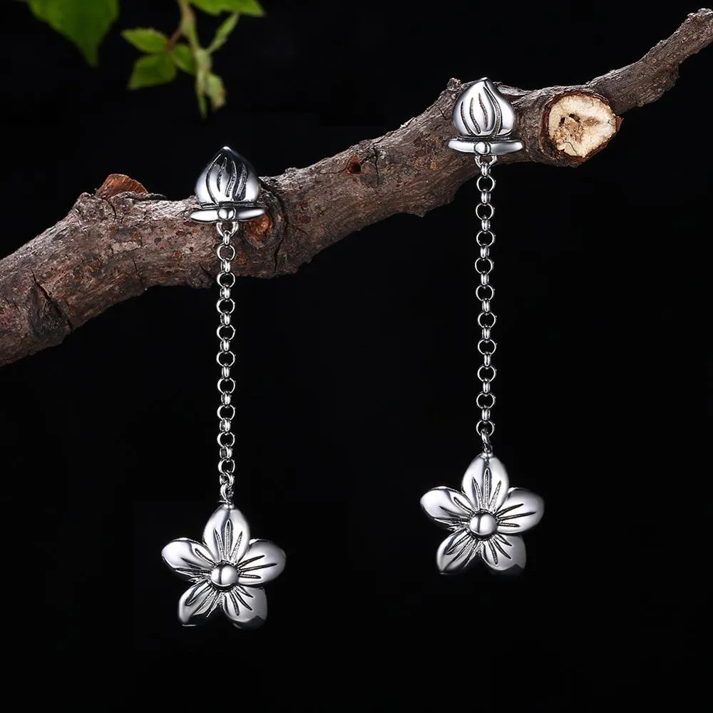 Pretty Flower Long Tassel 925 Sterling Silver Simple Fine Earrings