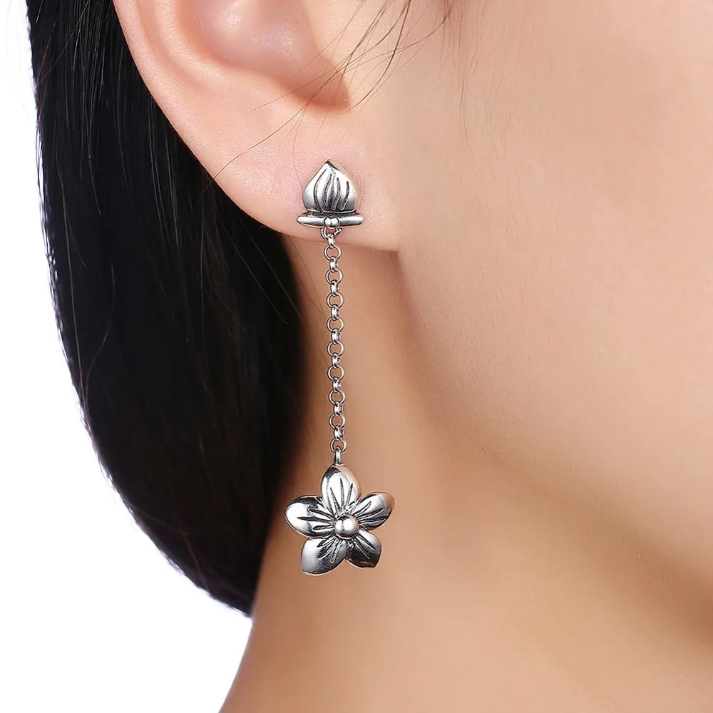 Pretty Flower Long Tassel 925 Sterling Silver Simple Fine Earrings