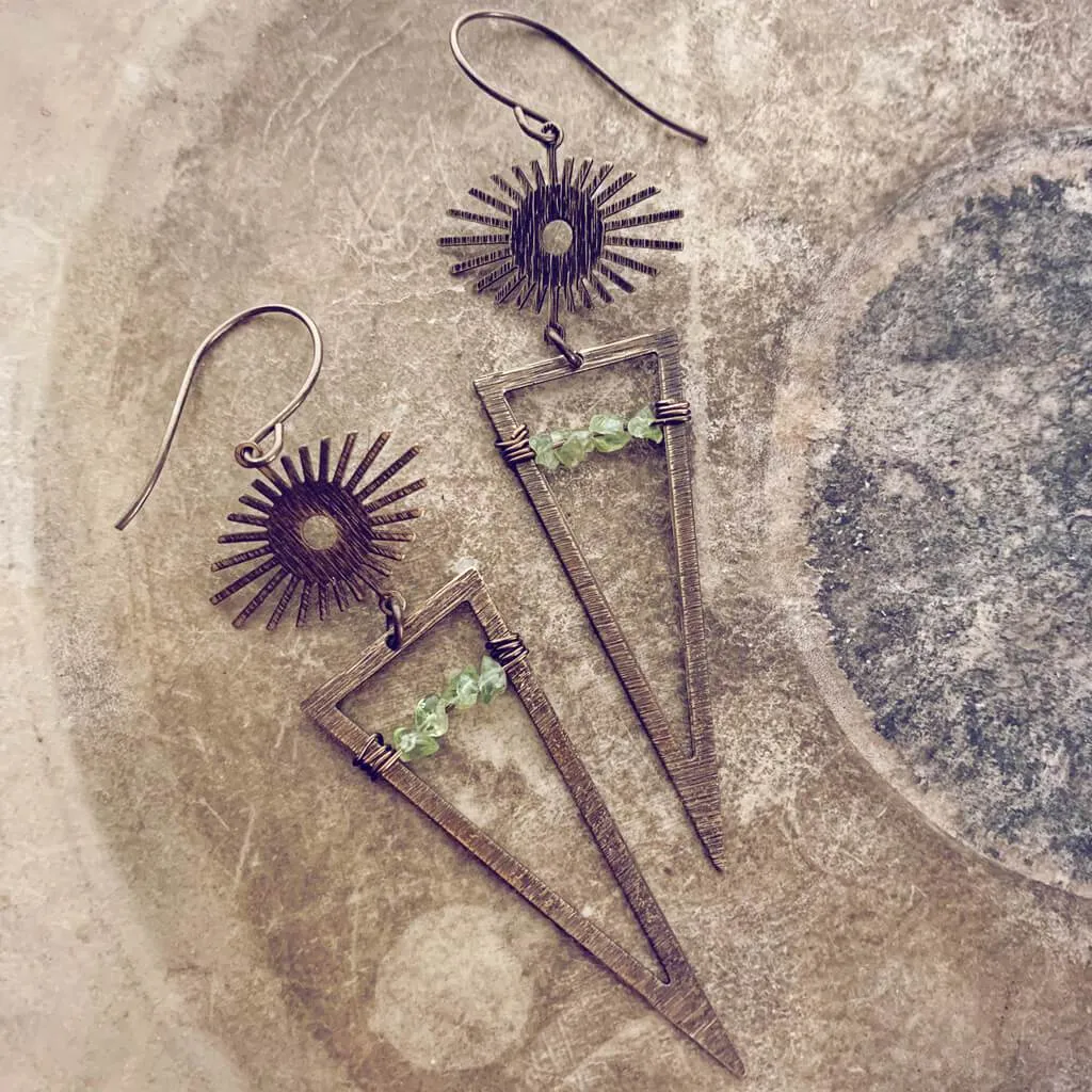 pulsar // boho antiqued brass sun star triangle & peridot earrings