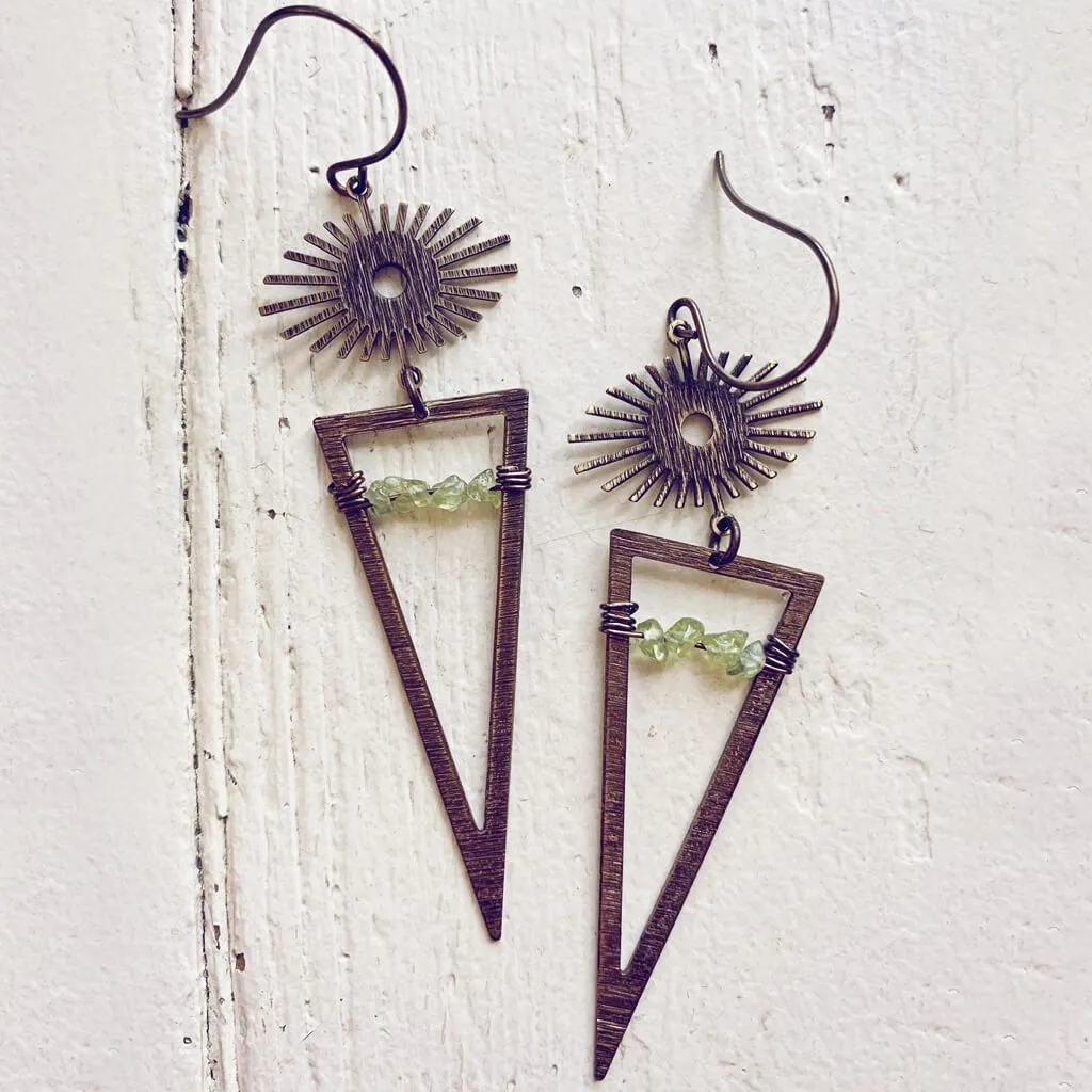 pulsar // boho antiqued brass sun star triangle & peridot earrings