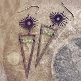 pulsar // boho antiqued brass sun star triangle & peridot earrings