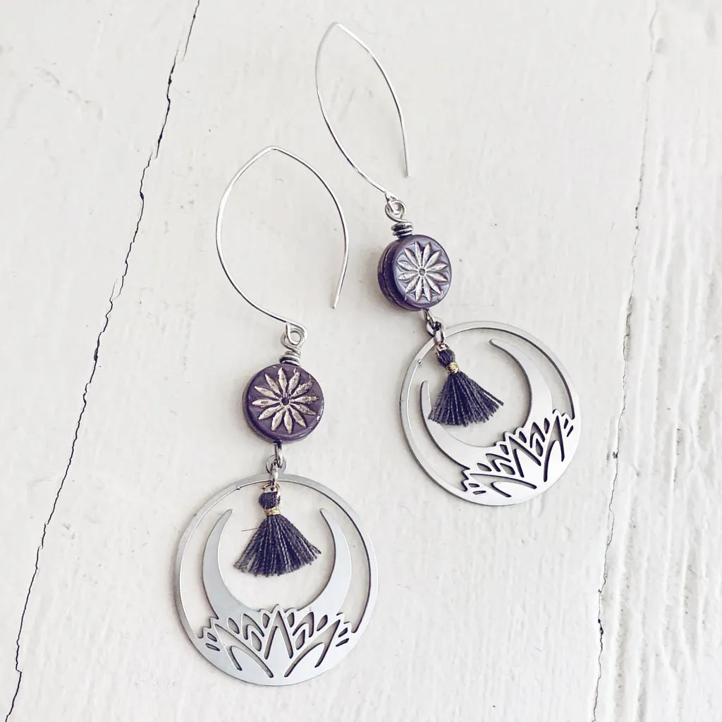 purple aster & lotus // czech glass bead with lotus flower hoop & tiny tassel stainless steel earrings