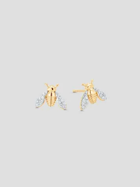 Queen Bee Yellow Gold White Diamond Stud Earrings