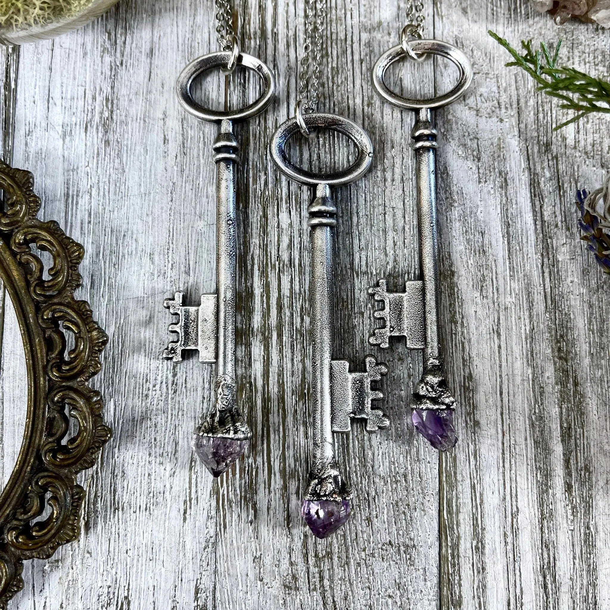 Raw Amethyst Crystal Vintage Skeleton Key Necklace Pendant in Fine Silver  / Foxlark Collection - One of a Kind