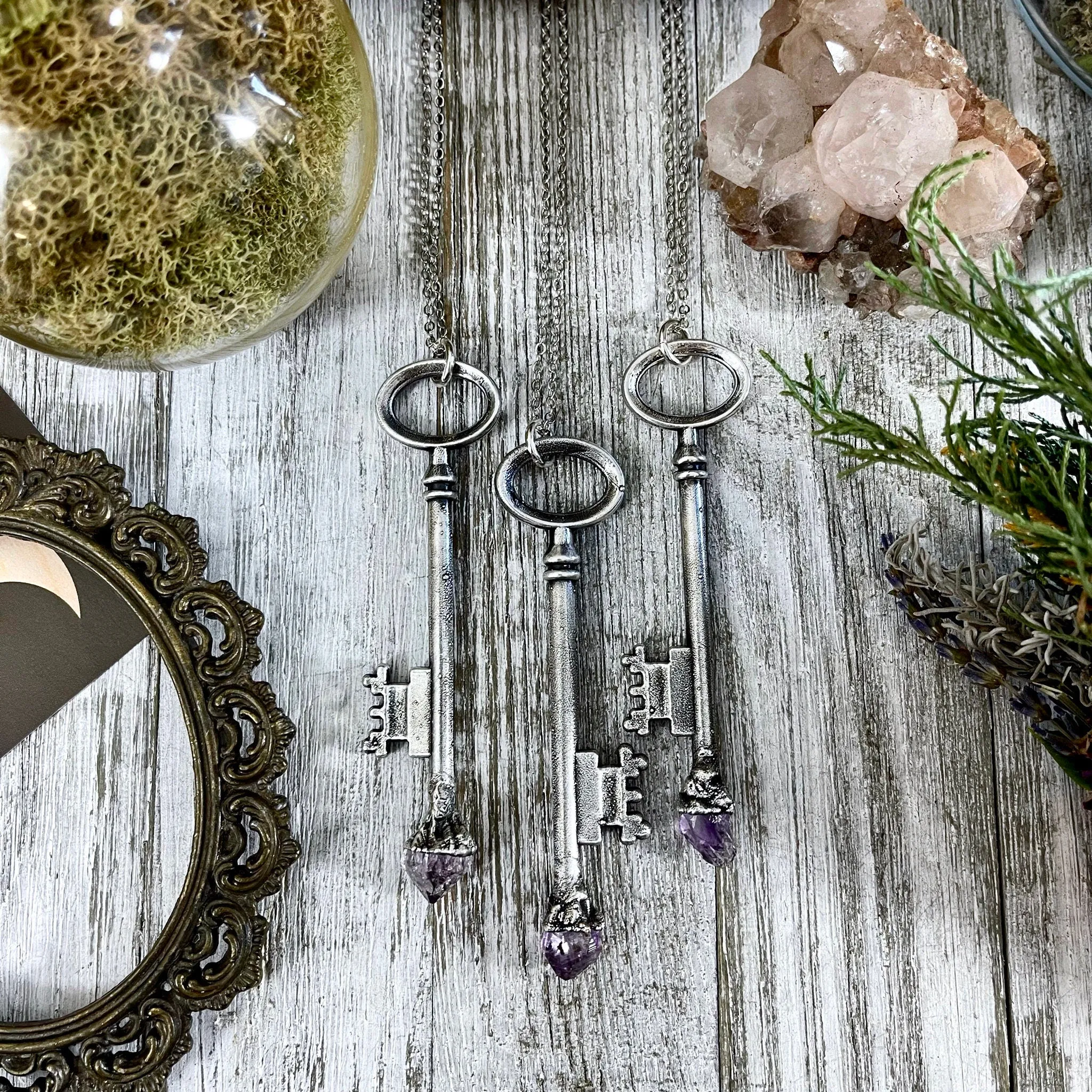 Raw Amethyst Crystal Vintage Skeleton Key Necklace Pendant in Fine Silver  / Foxlark Collection - One of a Kind