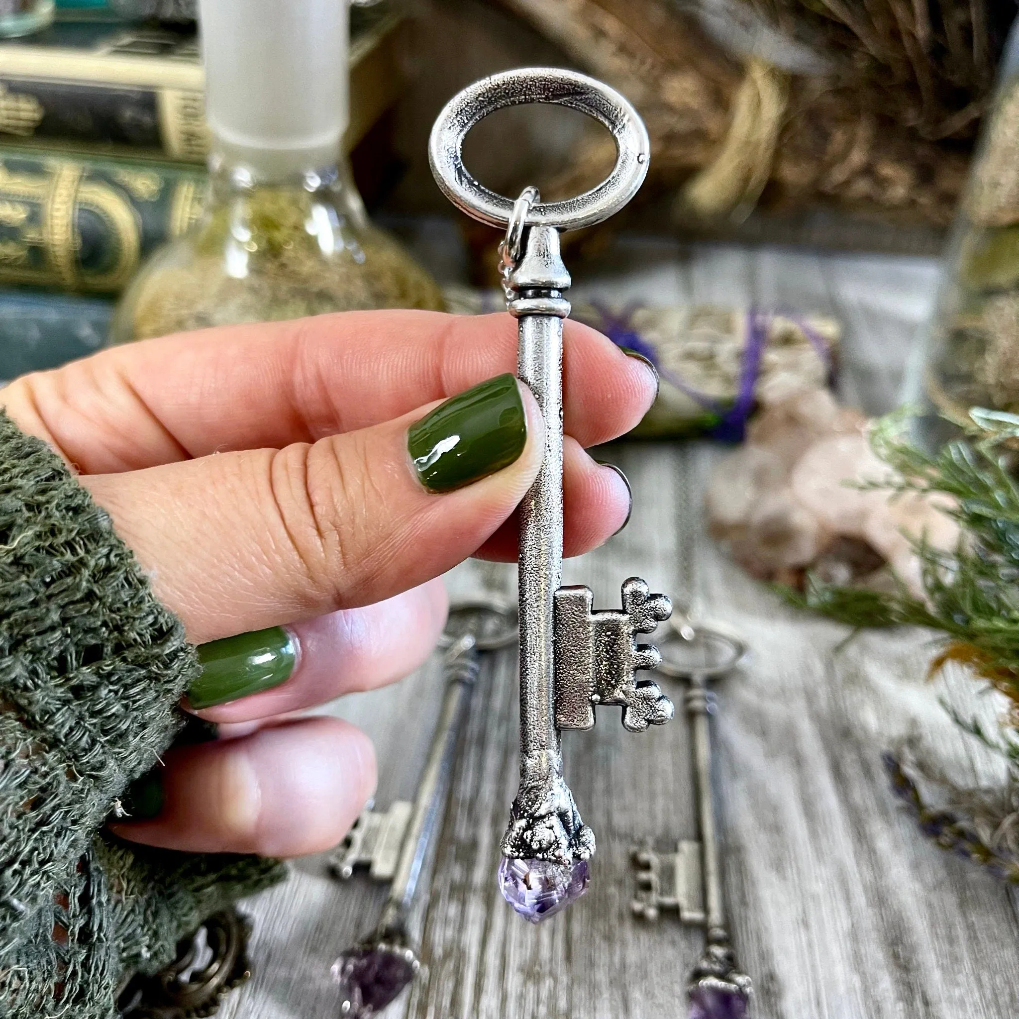 Raw Amethyst Crystal Vintage Skeleton Key Necklace Pendant in Fine Silver  / Foxlark Collection - One of a Kind