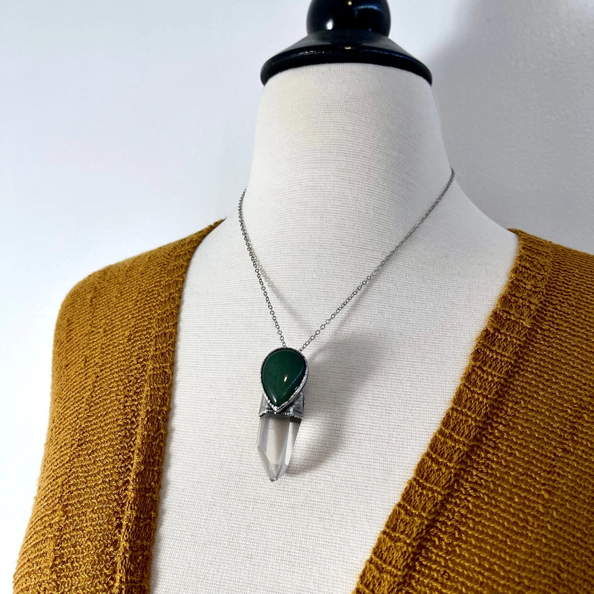 Raw Clear Quartz & Green Aventurine Crystal Statement Necklace in Fine Silver / Foxlark Collection - One of a Kind