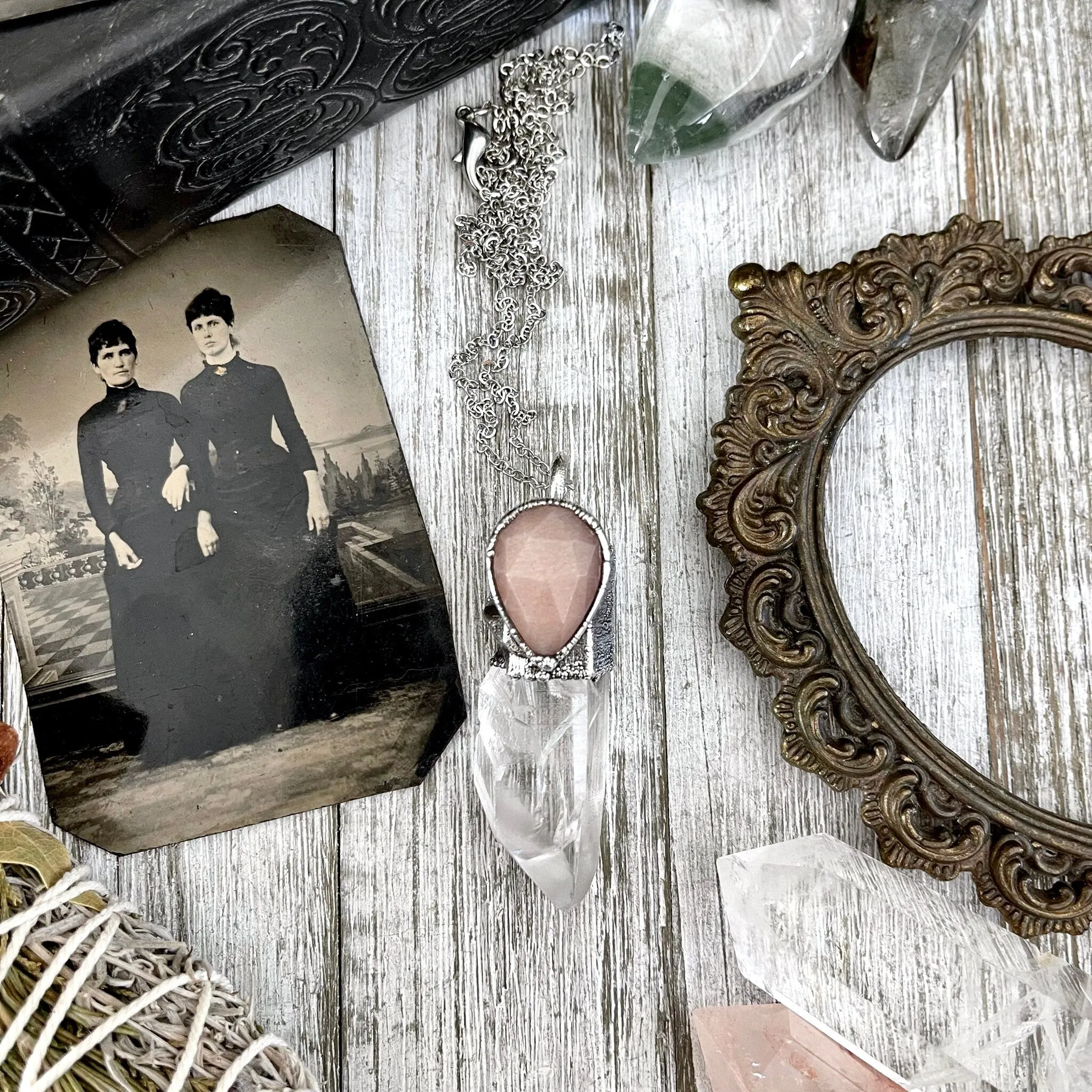 Raw Clear Quartz & Peach Moonstone Crystal Necklace in Fine Silver / Foxlark Collection - One of a Kind