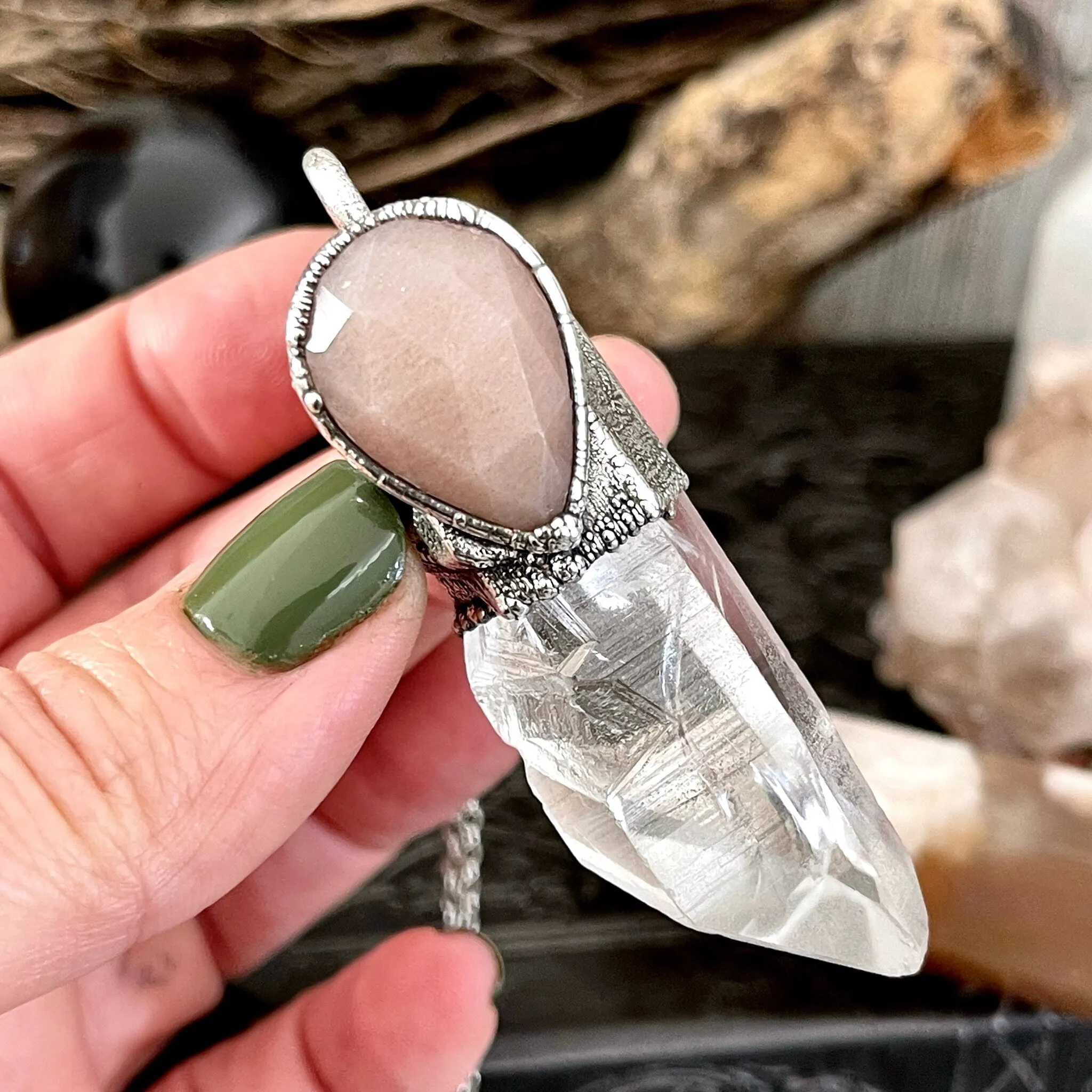 Raw Clear Quartz & Peach Moonstone Crystal Necklace in Fine Silver / Foxlark Collection - One of a Kind