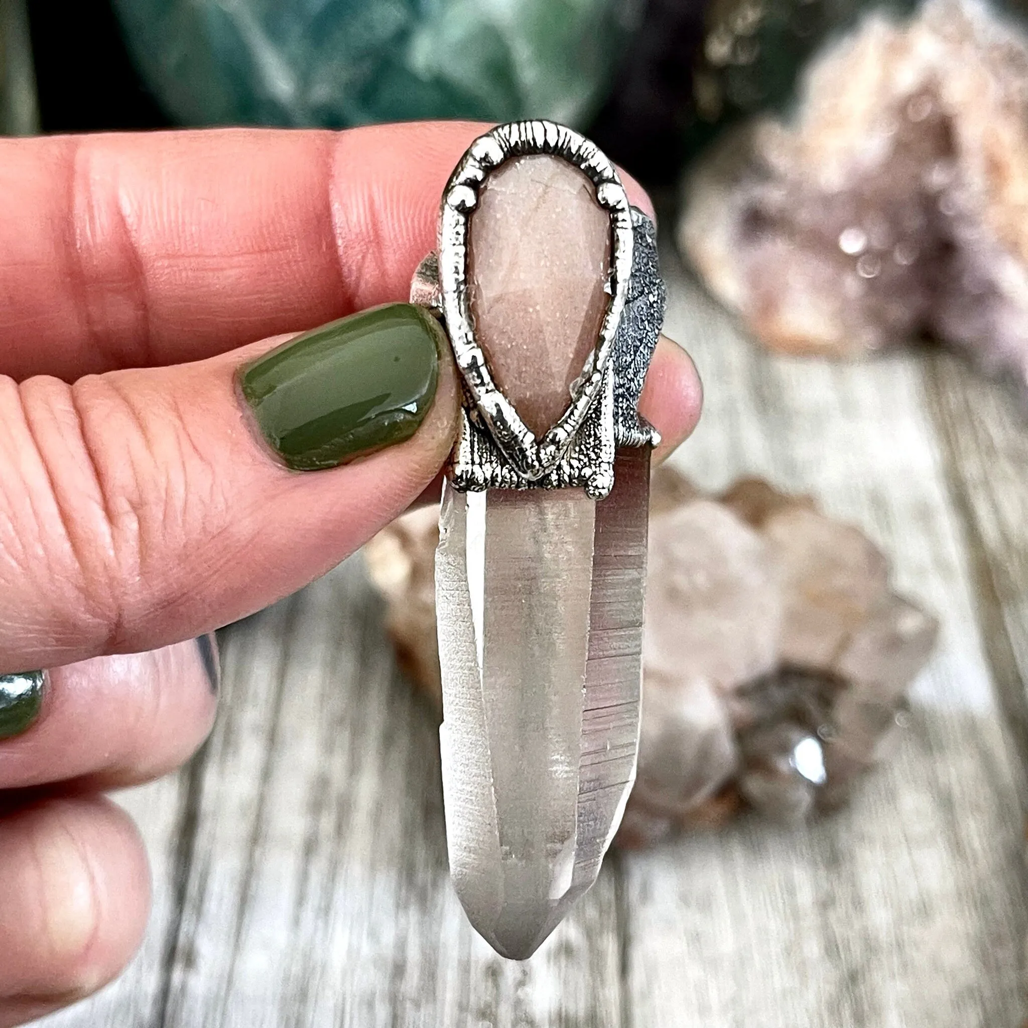 Raw Clear Quartz & Peach Moonstone Crystal Statement Necklace in Fine Silver / Foxlark Collection - One of a Kind