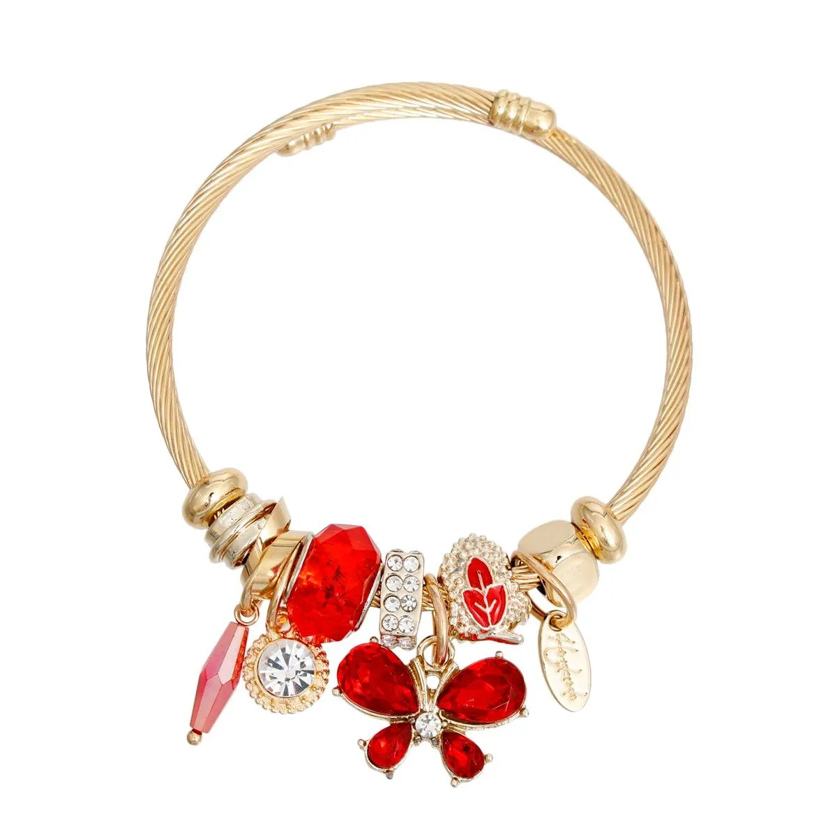 Red Butterfly Gold Cable Bangle Bracelet