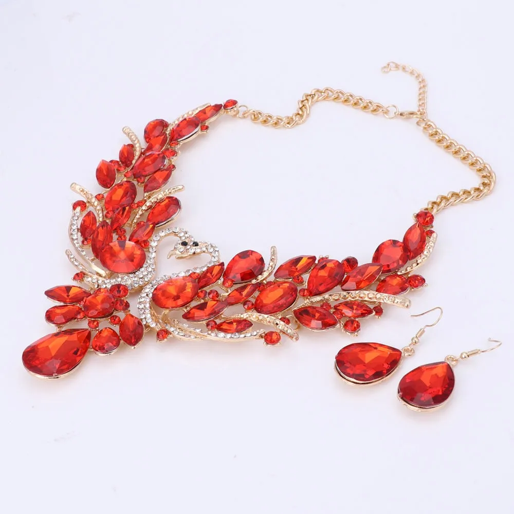 Red Crystal Double Swan Necklace & Earrings Wedding Jewelry Set