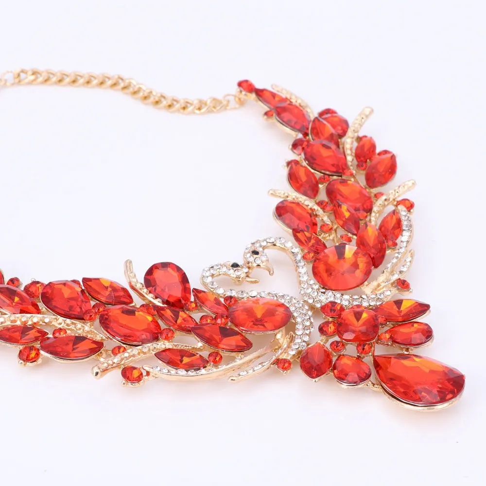 Red Crystal Double Swan Necklace & Earrings Wedding Jewelry Set