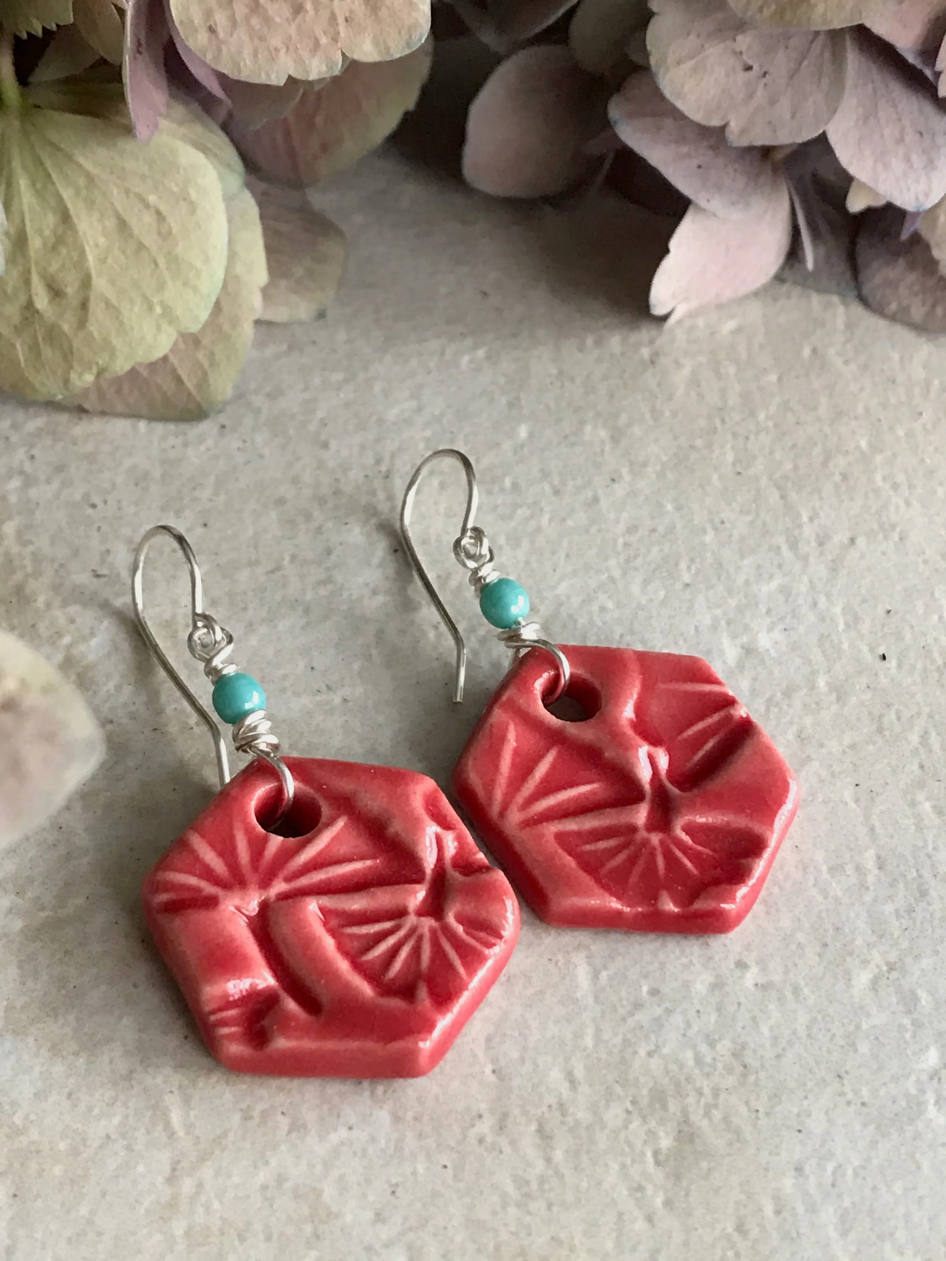 Red Hexagon Earrings, Handmade Earrings with Glass Beads