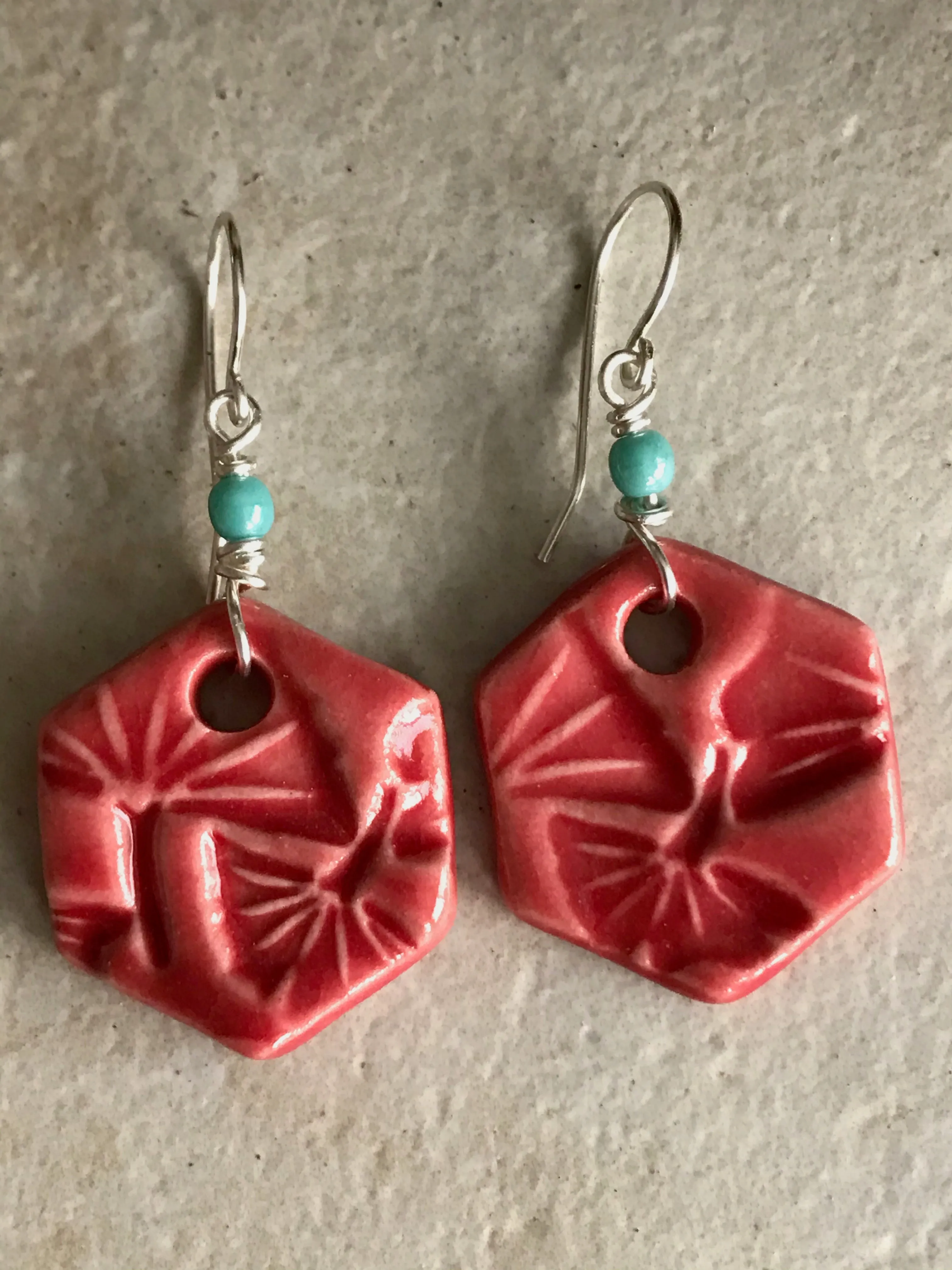 Red Hexagon Earrings, Handmade Earrings with Glass Beads