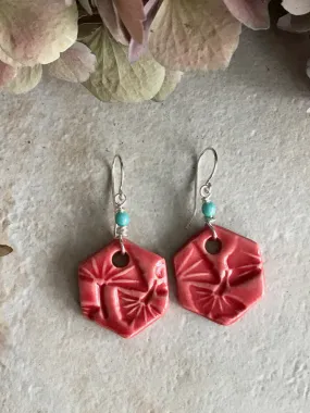 Red Hexagon Earrings, Handmade Earrings with Glass Beads