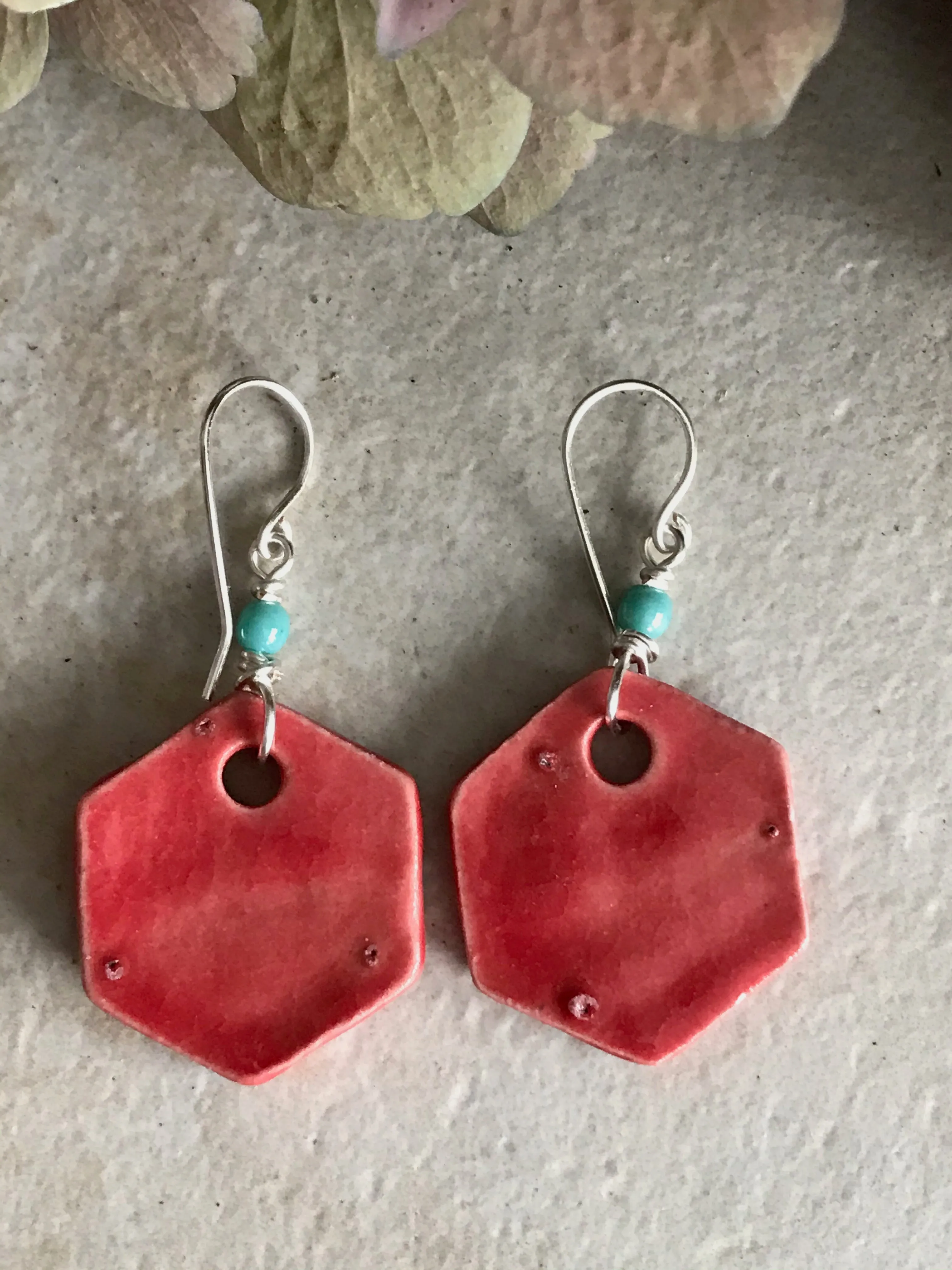 Red Hexagon Earrings, Handmade Earrings with Glass Beads