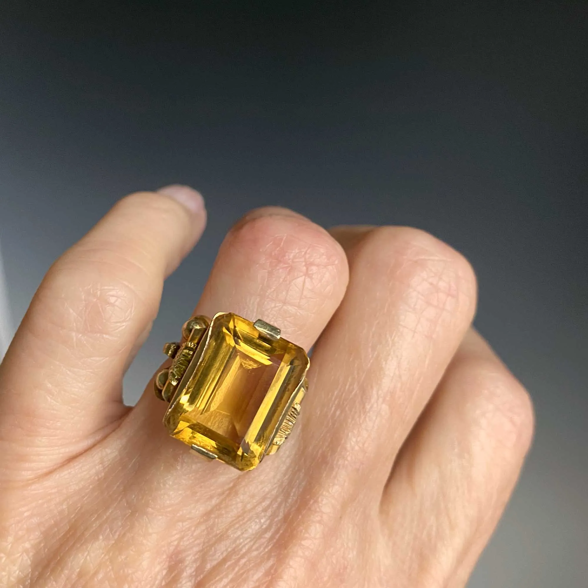 Retro 11 CTW Emerald Cut Citrine Ring in 14K Gold