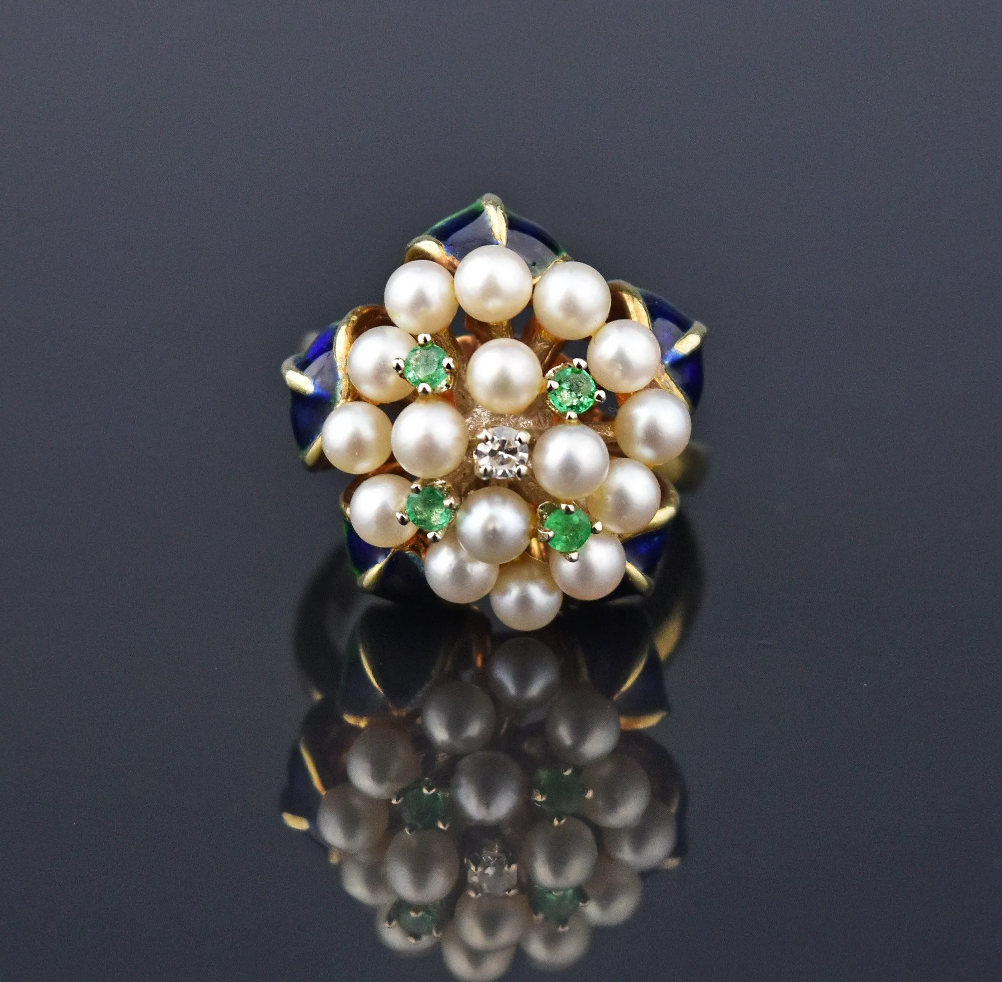 Retro Pearl Diamond and Emerald 14K Gold Cocktail Ring