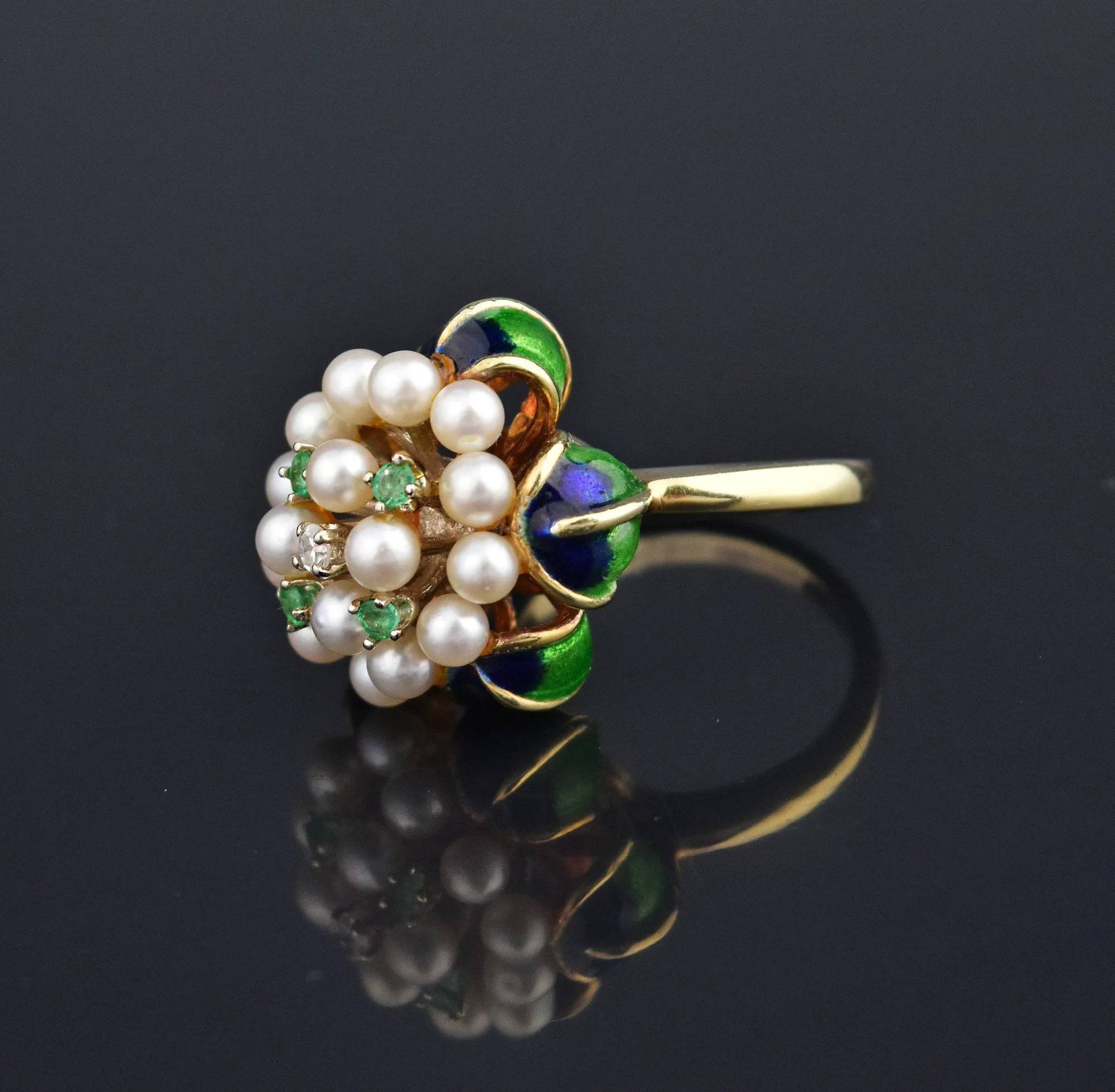 Retro Pearl Diamond and Emerald 14K Gold Cocktail Ring