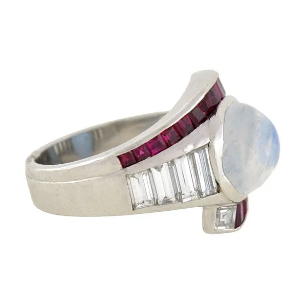 Retro Platinum Moonstone, Diamond & Ruby Ring