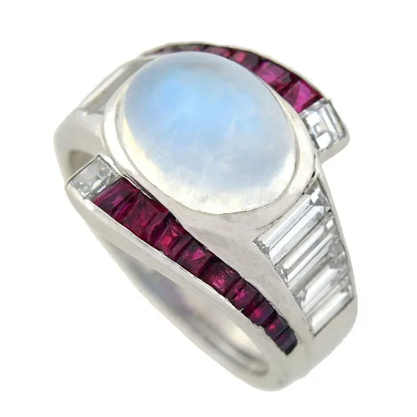 Retro Platinum Moonstone, Diamond & Ruby Ring