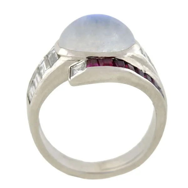 Retro Platinum Moonstone, Diamond & Ruby Ring