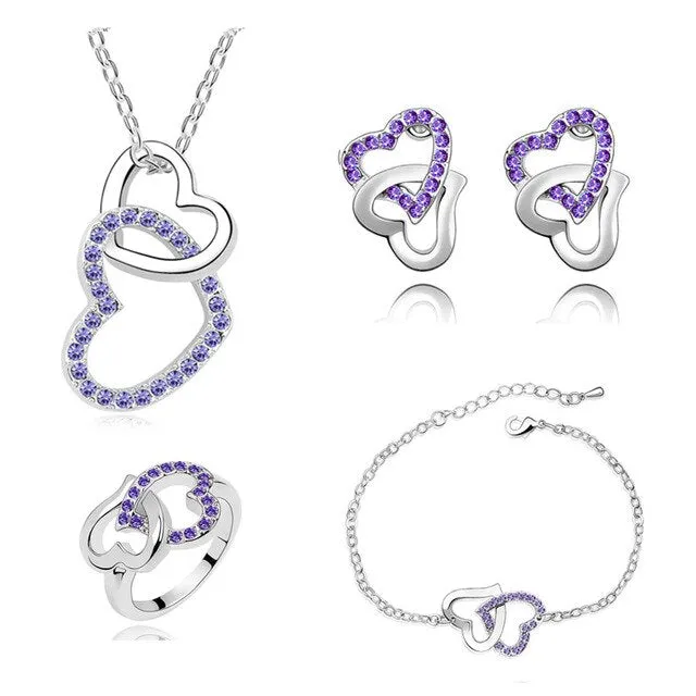 Rhinestone Double Heart Necklace, Bracelet, Earrings & Ring Fashion Jewelry Set