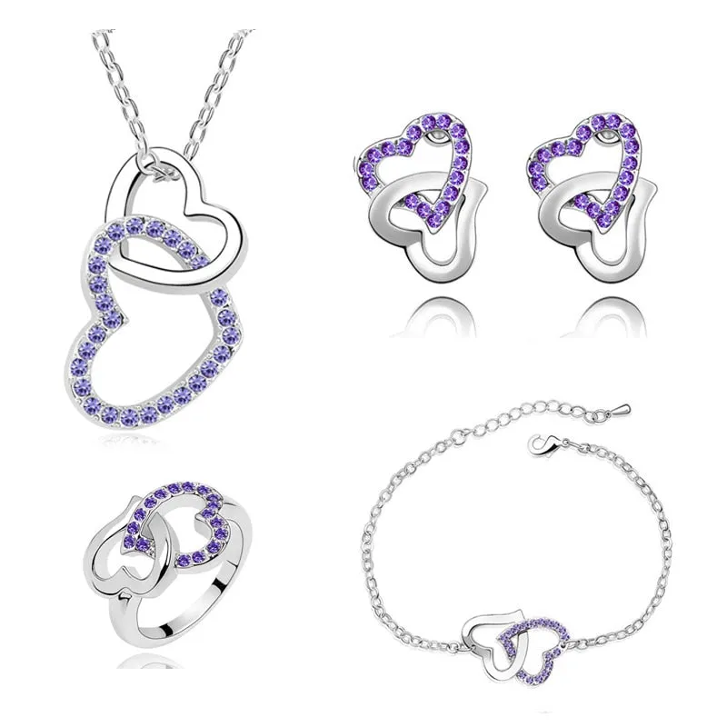 Rhinestone Double Heart Necklace, Bracelet, Earrings & Ring Fashion Jewelry Set