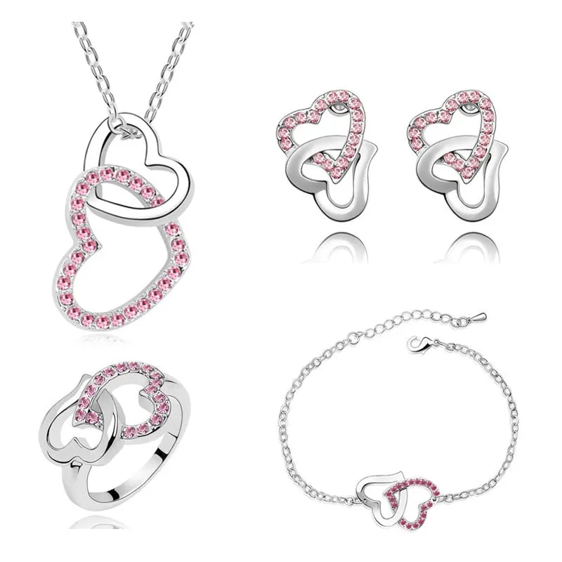 Rhinestone Double Heart Necklace, Bracelet, Earrings & Ring Fashion Jewelry Set