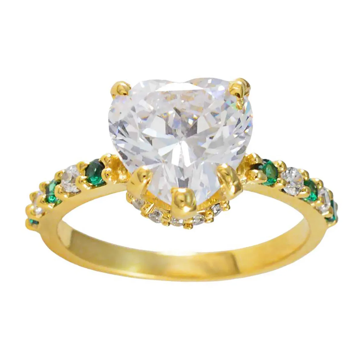 Riyo Desirable Silver Ring With Yellow Gold Plating Emerald CZ Stone Heart Shape Prong Setting Stylish Jewelry New Year Ring