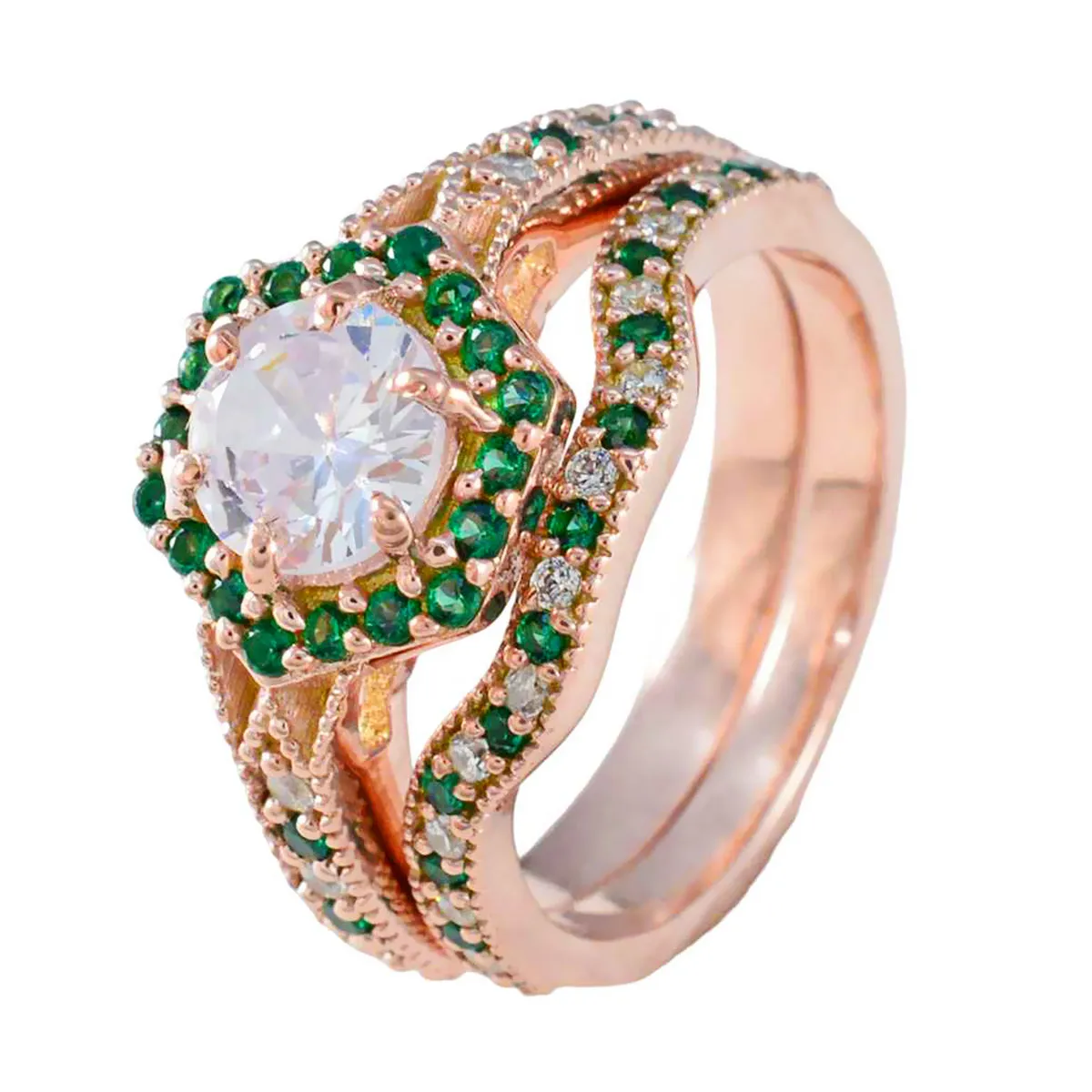 Riyo Elegant Silver Ring With Rose Gold Plating Emerald CZ Stone Round Shape Prong Setting Handamde Jewelry Wedding Ring