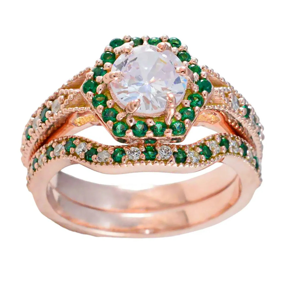 Riyo Elegant Silver Ring With Rose Gold Plating Emerald CZ Stone Round Shape Prong Setting Handamde Jewelry Wedding Ring