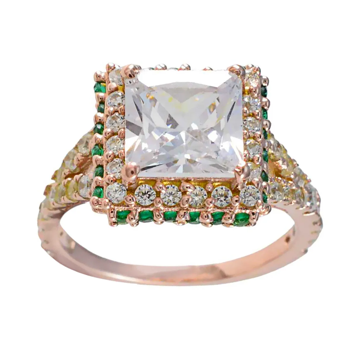 Riyo Excellent Silver Ring With Rose Gold Plating Emerald CZ Stone square Shape Prong Setting Stylish Jewelry Birthday Ring