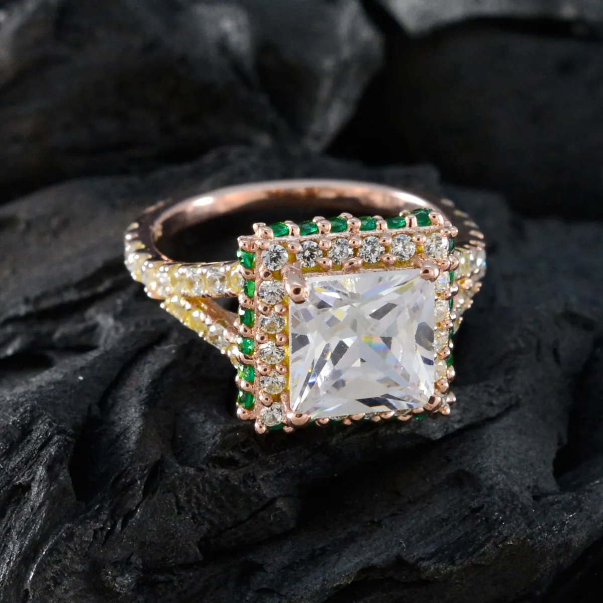 Riyo Excellent Silver Ring With Rose Gold Plating Emerald CZ Stone square Shape Prong Setting Stylish Jewelry Birthday Ring