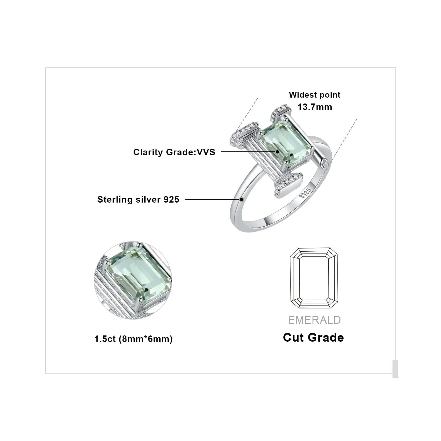 Roman Column 1.5ct Natural Green Amethyst Ring - 925 Sterling Silver