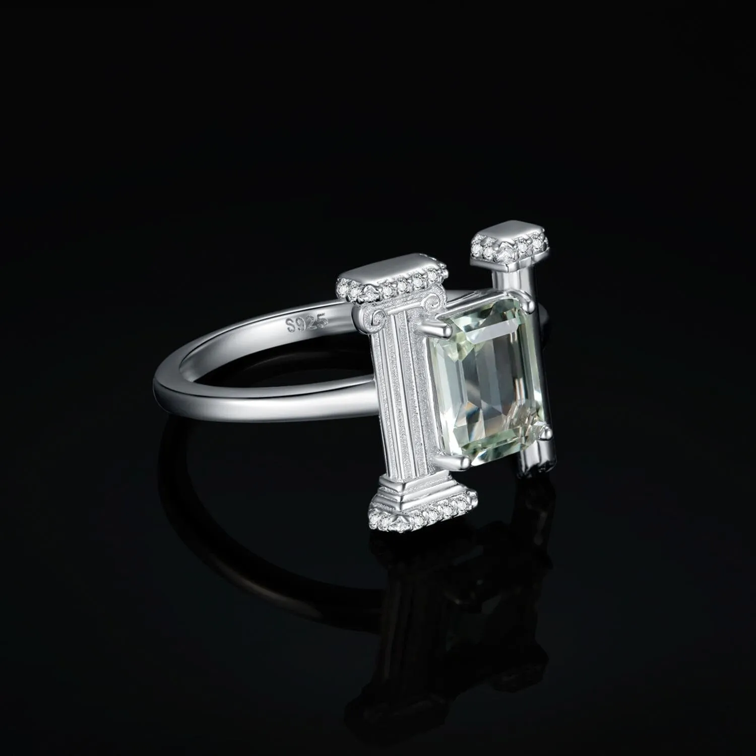 Roman Column 1.5ct Natural Green Amethyst Ring - 925 Sterling Silver