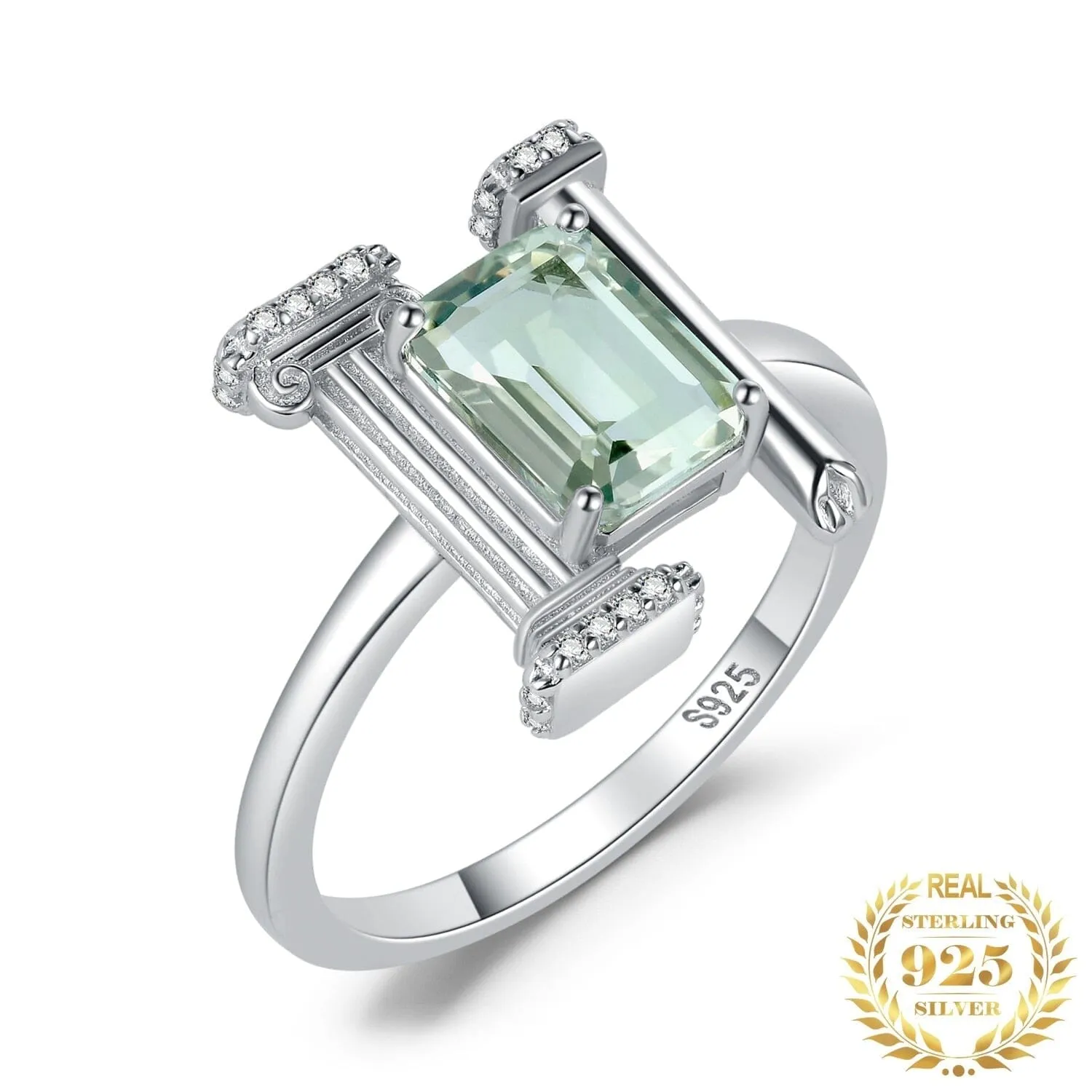 Roman Column 1.5ct Natural Green Amethyst Ring - 925 Sterling Silver