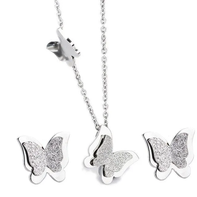 Romantic Butterfly Stainless Steel Necklace & Earrings Fashion Jewelry Set