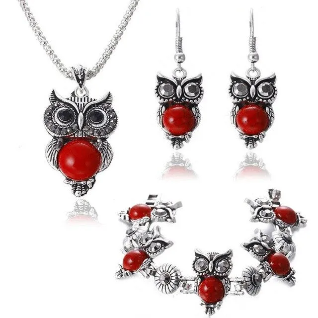 Romantic Vintage Stone Owl Necklace, Bracelet & Earrings Fashion Jewelry Set